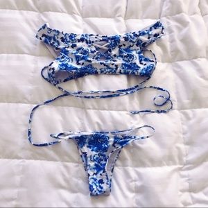 Blue & White Floral Wrap Bikini
